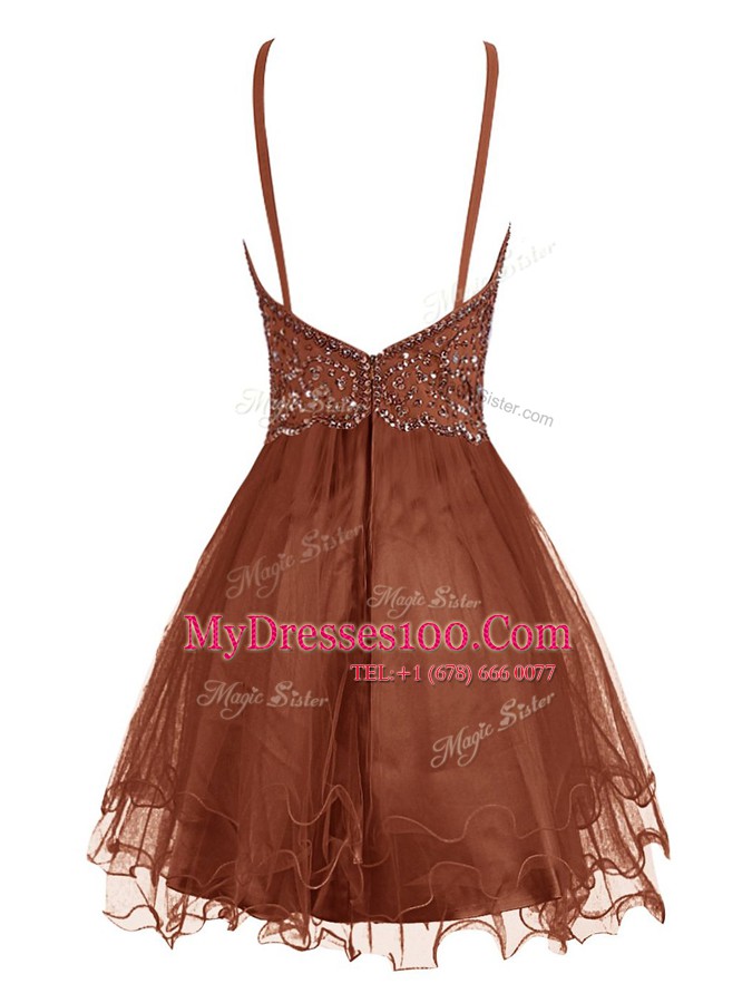 Fine Halter Top Mini Length Zipper Cocktail Dresses Brown for Prom and Party with Beading