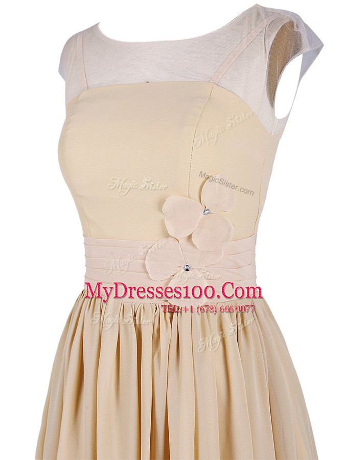 Low Price Champagne Chiffon Zipper Scoop Cap Sleeves Knee Length Homecoming Dress Appliques and Ruching