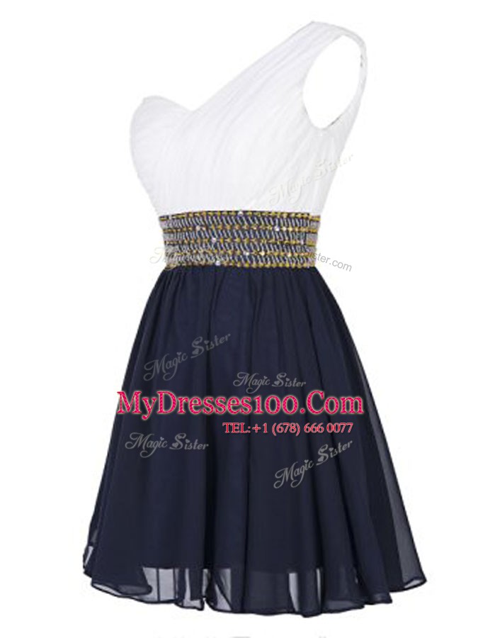 One Shoulder Sleeveless Chiffon Mini Length Zipper Dress for Prom in White And Purple with Beading