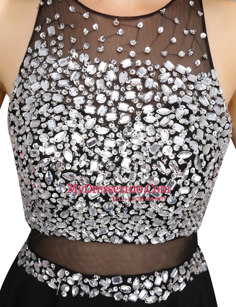 Noble Scoop Sleeveless Chiffon Mini Length Zipper Dress for Prom in Black with Beading