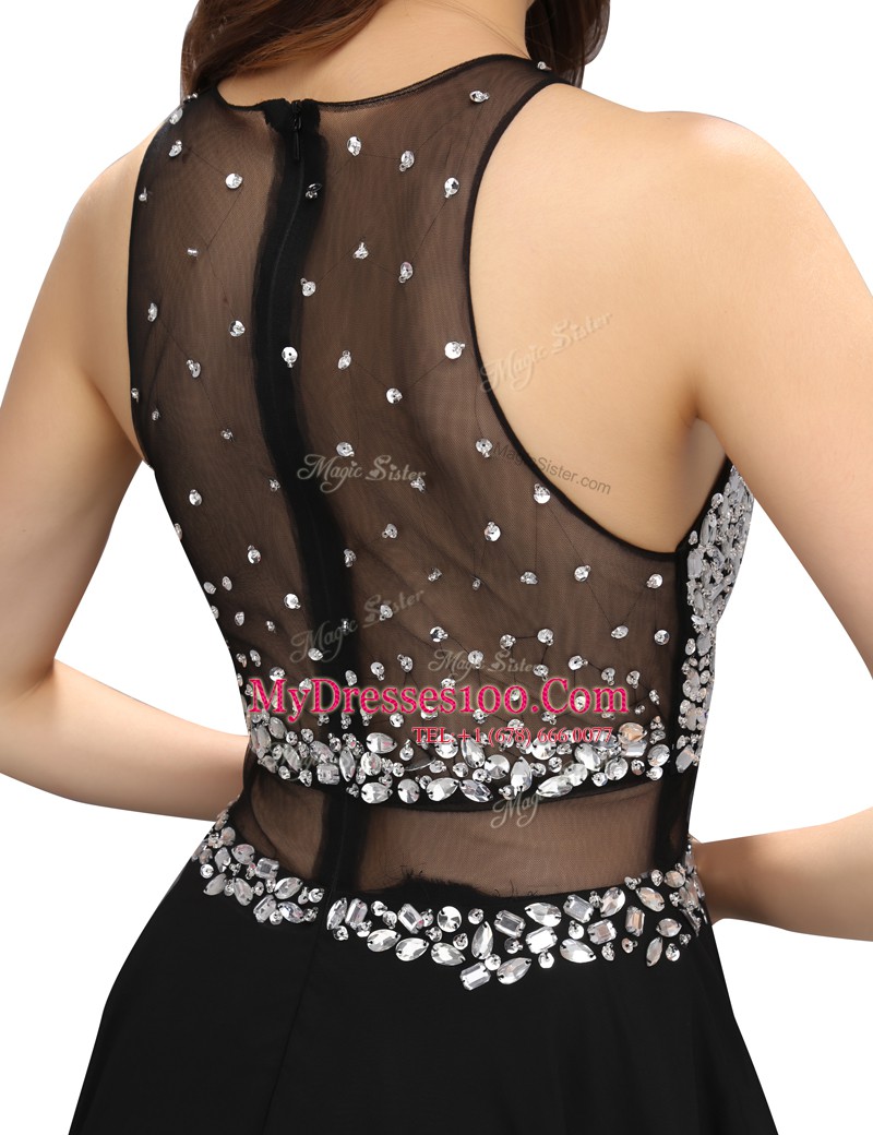 Noble Scoop Sleeveless Chiffon Mini Length Zipper Dress for Prom in Black with Beading