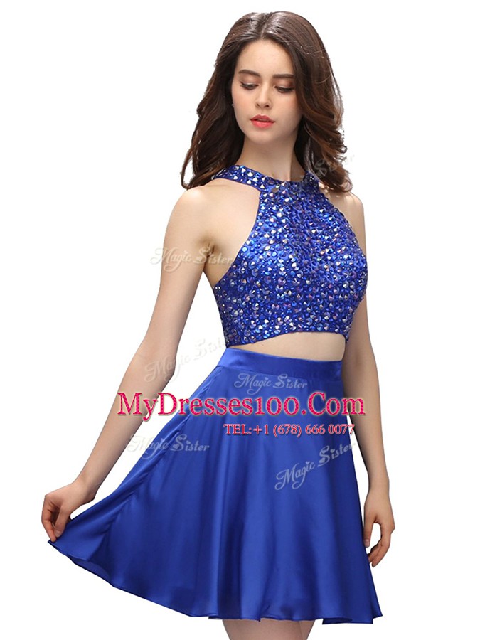 New Arrival Scoop Mini Length Two Pieces Sleeveless Royal Blue Party Dress Zipper