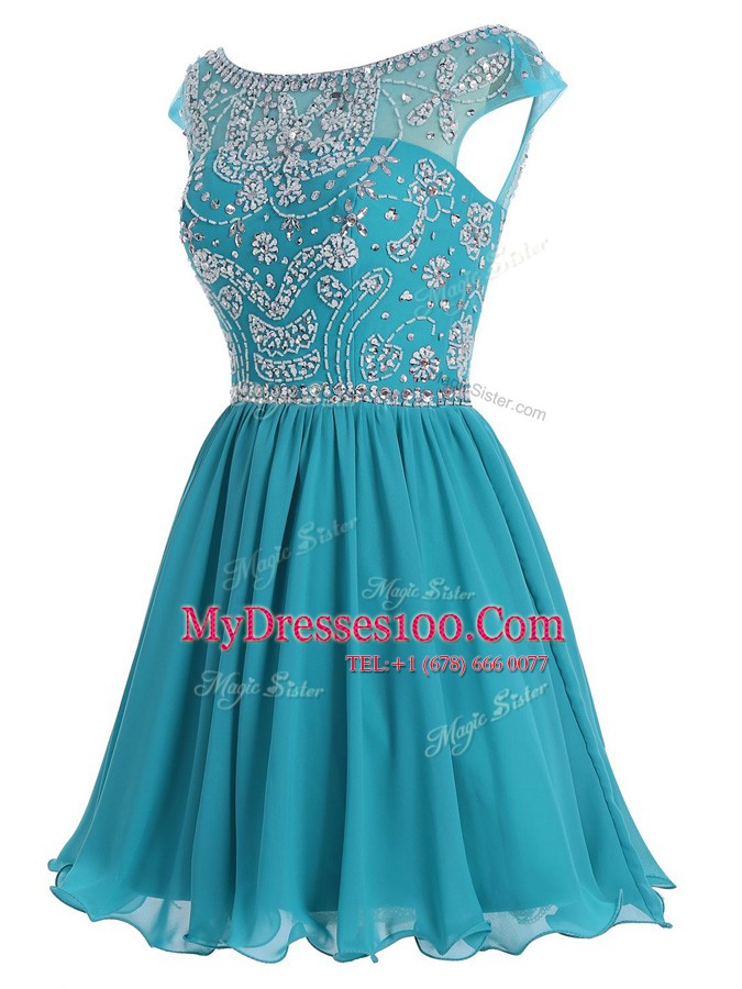 Exceptional Teal A-line Scoop Cap Sleeves Chiffon Mini Length Zipper Beading Cocktail Dresses