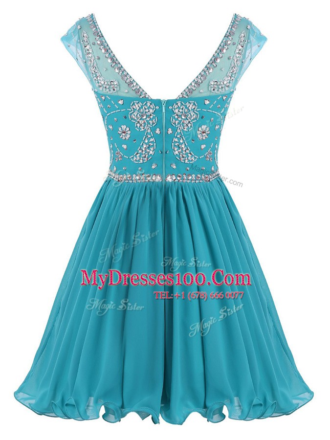 Exceptional Teal A-line Scoop Cap Sleeves Chiffon Mini Length Zipper Beading Cocktail Dresses