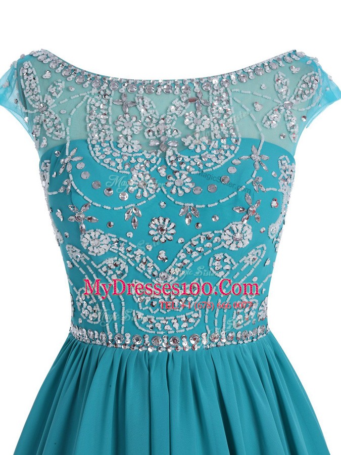 Exceptional Teal A-line Scoop Cap Sleeves Chiffon Mini Length Zipper Beading Cocktail Dresses