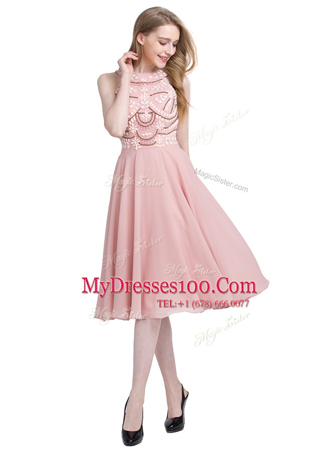 Fantastic Scoop Pink Sleeveless Beading Knee Length Prom Gown