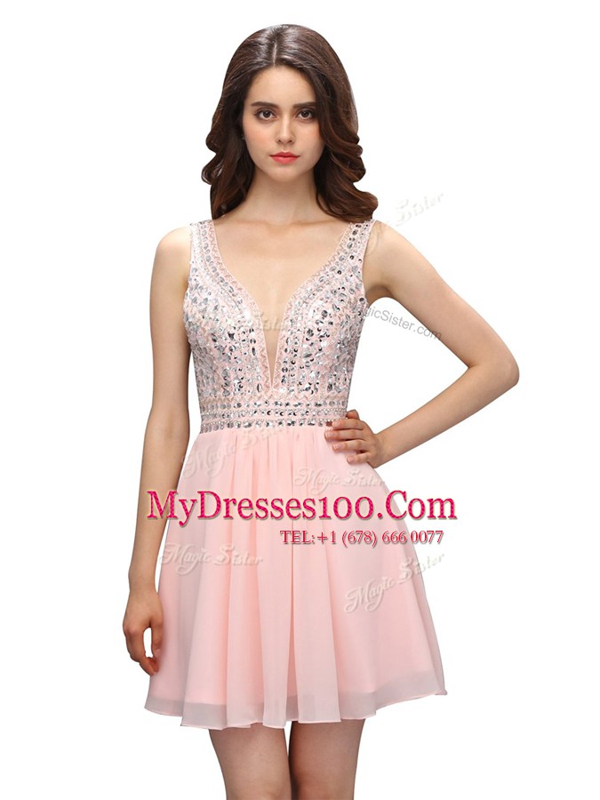 Baby Pink Chiffon Zipper V-neck Sleeveless Mini Length Party Dress for Toddlers Beading