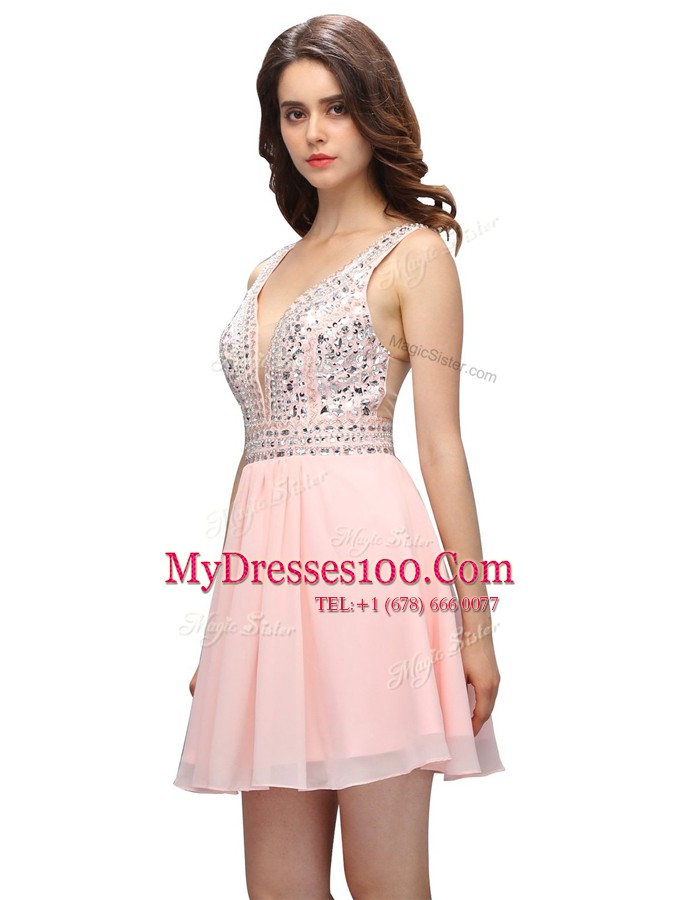Baby Pink Chiffon Zipper V-neck Sleeveless Mini Length Party Dress for Toddlers Beading