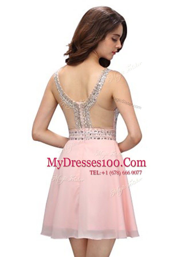 Baby Pink Chiffon Zipper V-neck Sleeveless Mini Length Party Dress for Toddlers Beading