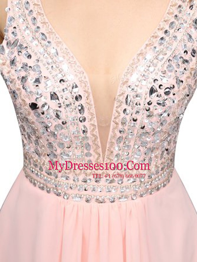 Baby Pink Chiffon Zipper V-neck Sleeveless Mini Length Party Dress for Toddlers Beading