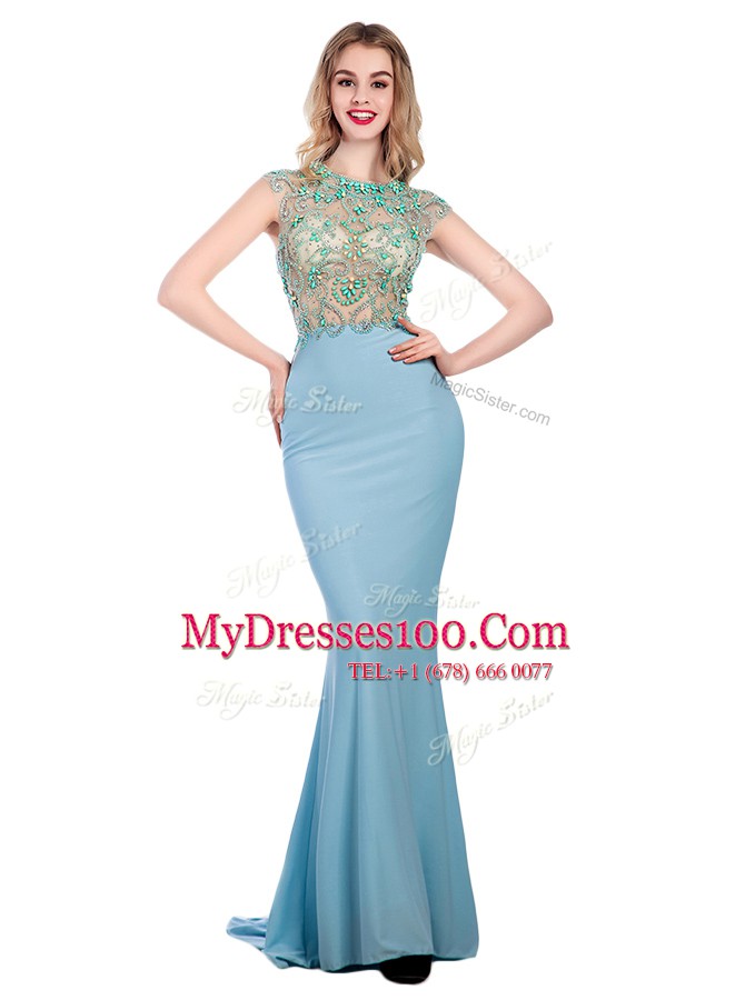 Flirting Scoop Sleeveless Silk Like Satin Prom Dress Beading Sweep Train Zipper