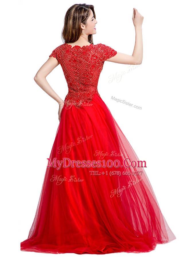 Flirting Empire Prom Dresses Coral Red Square Tulle Cap Sleeves Floor Length Side Zipper