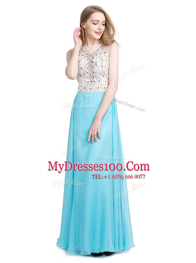 High Class Scoop Aqua Blue Zipper Homecoming Dress Beading Sleeveless Floor Length