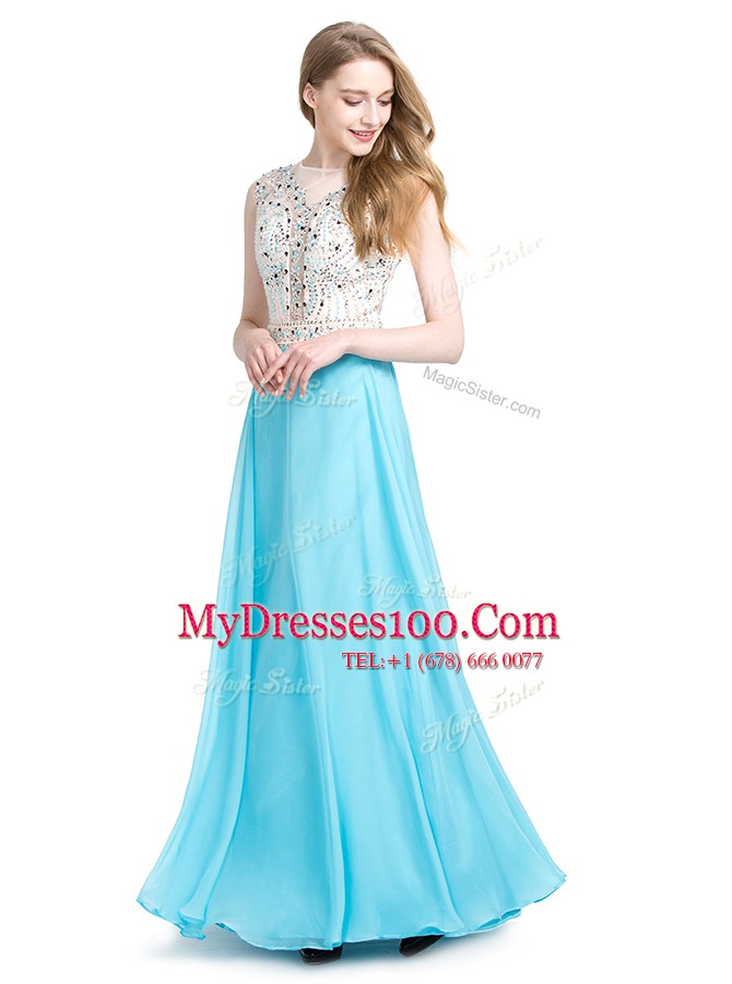 High Class Scoop Aqua Blue Zipper Homecoming Dress Beading Sleeveless Floor Length