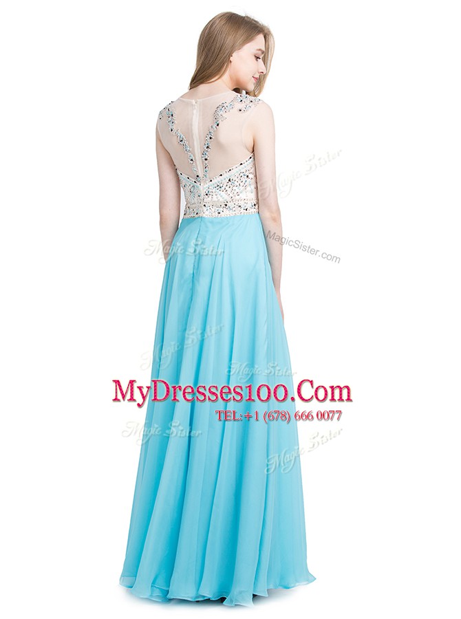High Class Scoop Aqua Blue Zipper Homecoming Dress Beading Sleeveless Floor Length