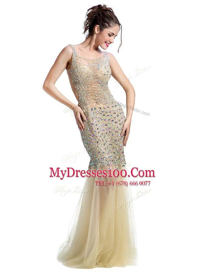 Mermaid Tulle Sleeveless Floor Length and Beading