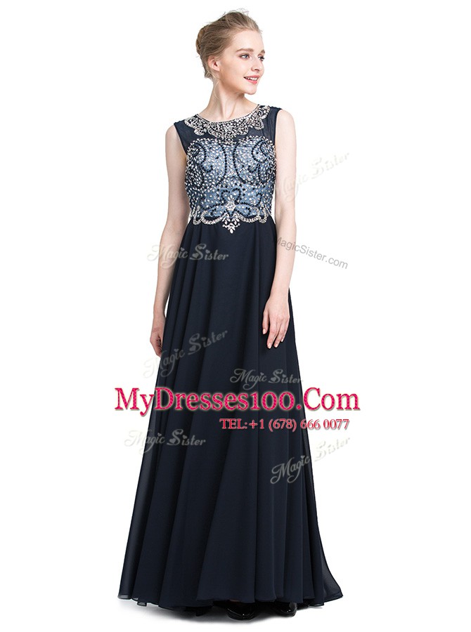 Black Zipper Scoop Beading Prom Party Dress Chiffon Sleeveless Brush Train