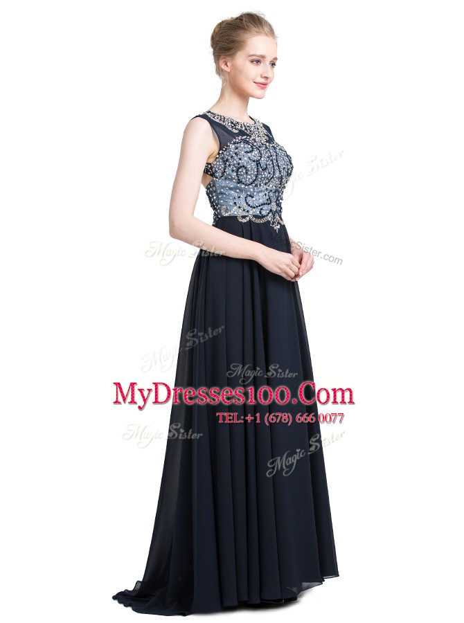 Black Zipper Scoop Beading Prom Party Dress Chiffon Sleeveless Brush Train