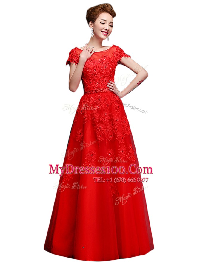 Clearance Floor Length Lace Up Prom Dresses Red for Prom and Party with Lace