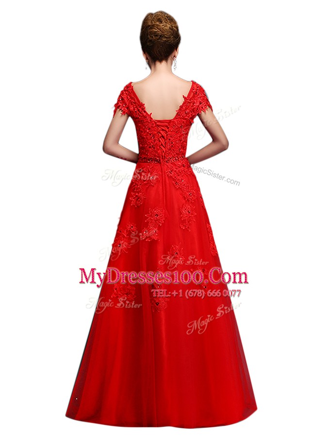 Clearance Floor Length Lace Up Prom Dresses Red for Prom and Party with Lace