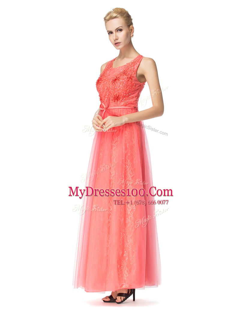 Scoop Watermelon Red Organza and Tulle Zipper Evening Dress Sleeveless Floor Length Beading and Bowknot