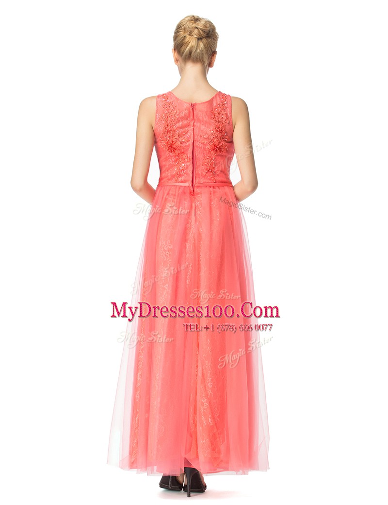 Scoop Watermelon Red Organza and Tulle Zipper Evening Dress Sleeveless Floor Length Beading and Bowknot