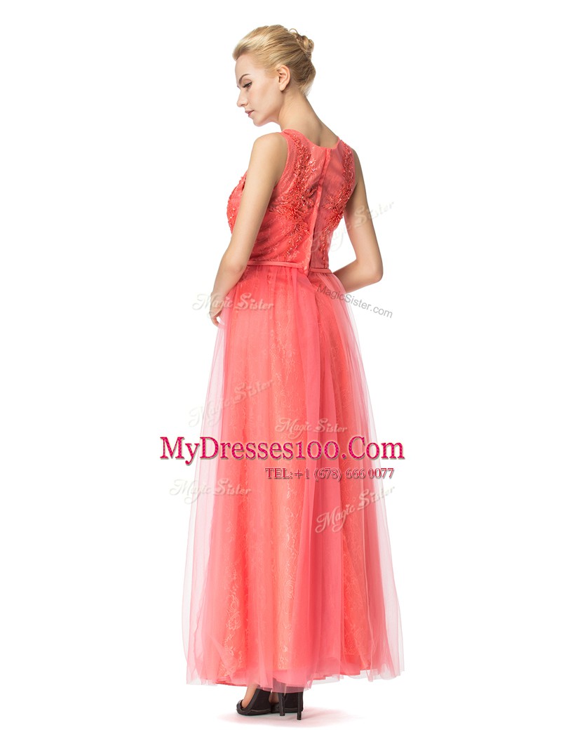 Scoop Watermelon Red Organza and Tulle Zipper Evening Dress Sleeveless Floor Length Beading and Bowknot