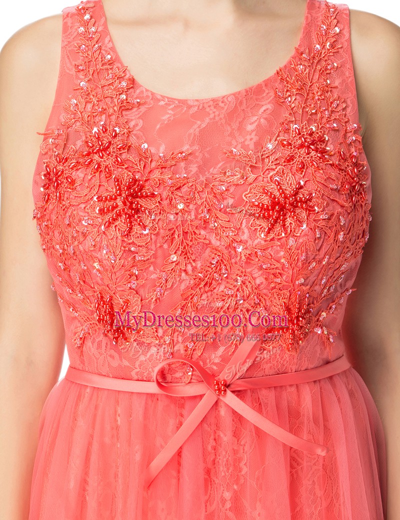 Scoop Watermelon Red Organza and Tulle Zipper Evening Dress Sleeveless Floor Length Beading and Bowknot