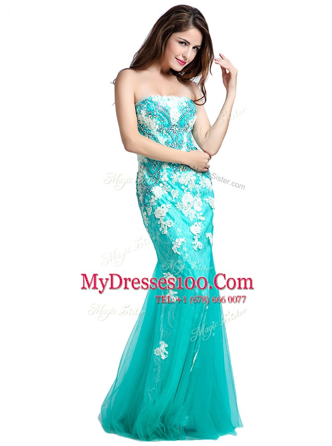 Mermaid Turquoise Sleeveless Tulle Zipper Prom Gown for Prom and Party