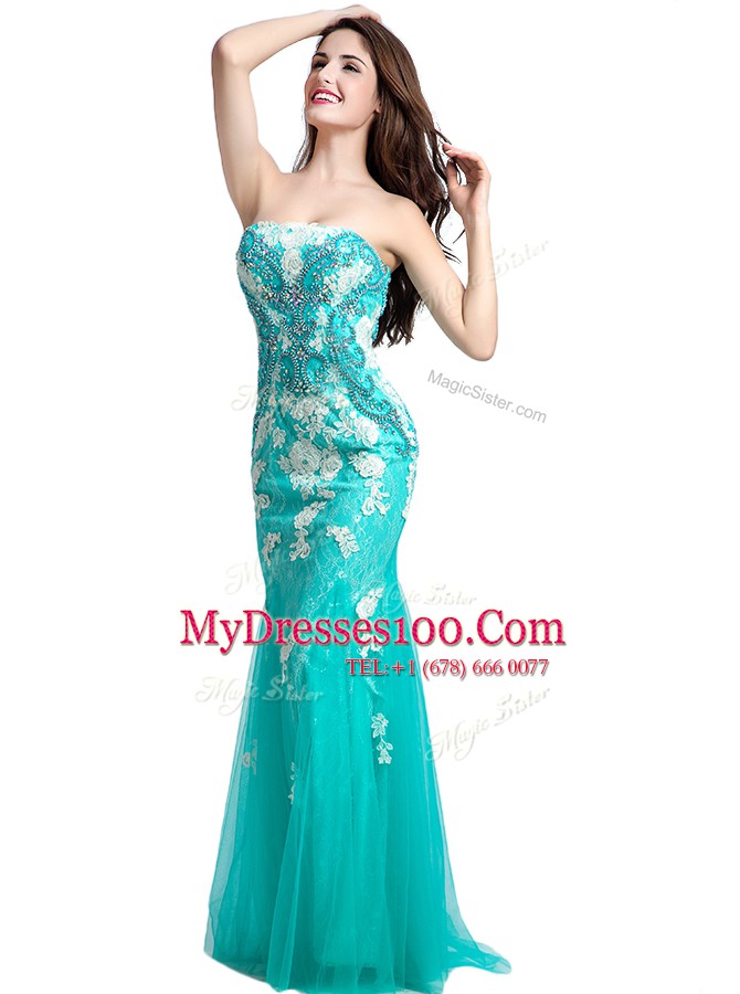Mermaid Turquoise Sleeveless Tulle Zipper Prom Gown for Prom and Party