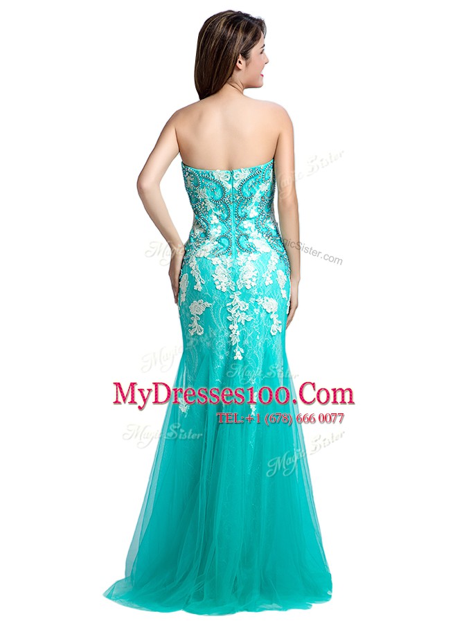 Mermaid Turquoise Sleeveless Tulle Zipper Prom Gown for Prom and Party