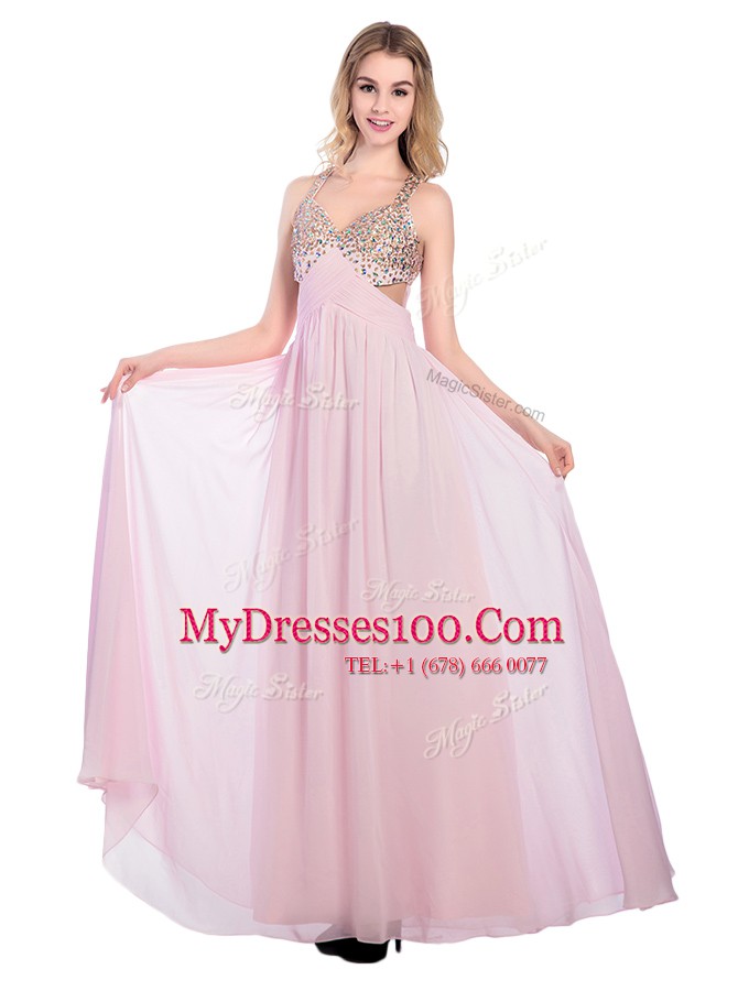 Romantic Lilac Sleeveless Floor Length Beading and Bowknot Criss Cross Prom Party Dress