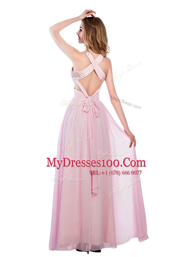 Romantic Lilac Sleeveless Floor Length Beading and Bowknot Criss Cross Prom Party Dress