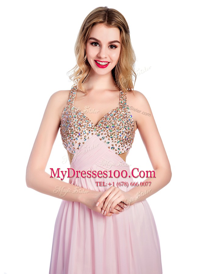 Romantic Lilac Sleeveless Floor Length Beading and Bowknot Criss Cross Prom Party Dress