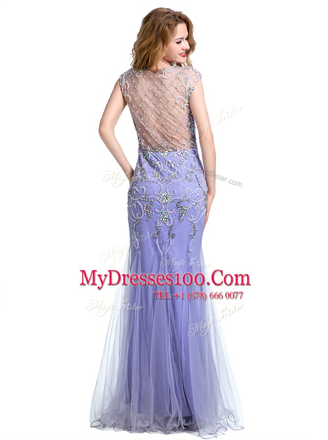 Mermaid Scoop Cap Sleeves Floor Length Beading Side Zipper Prom Party Dress with Lavender
