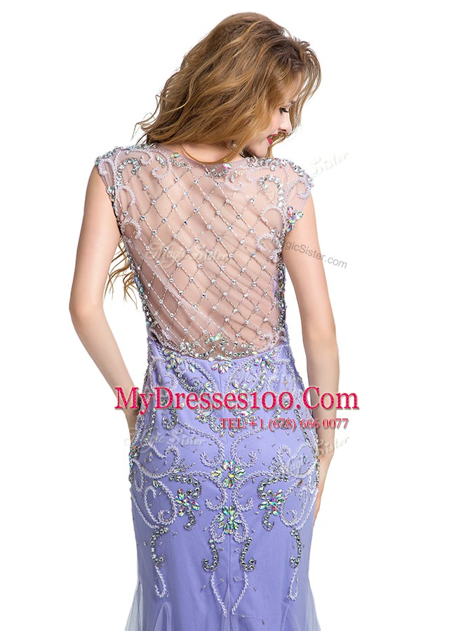 Mermaid Scoop Cap Sleeves Floor Length Beading Side Zipper Prom Party Dress with Lavender