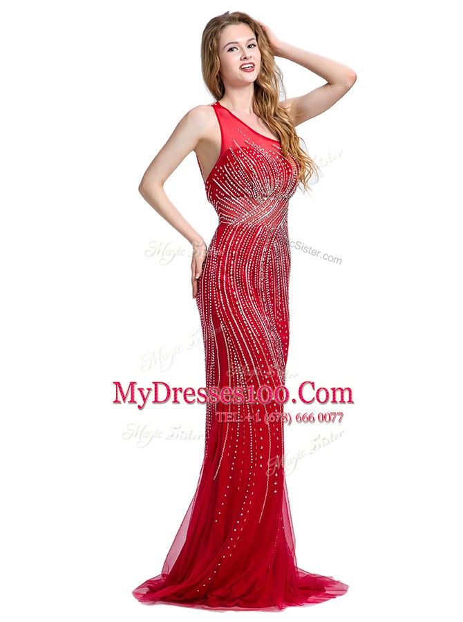 Trendy One Shoulder Red Column/Sheath Beading Dress for Prom Zipper Tulle Sleeveless With Train