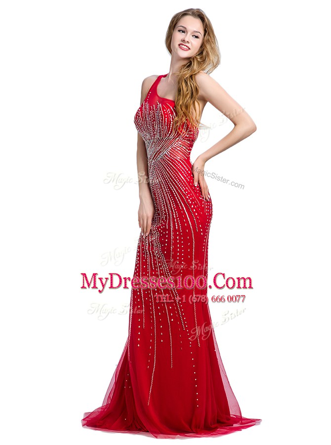 Trendy One Shoulder Red Column/Sheath Beading Dress for Prom Zipper Tulle Sleeveless With Train