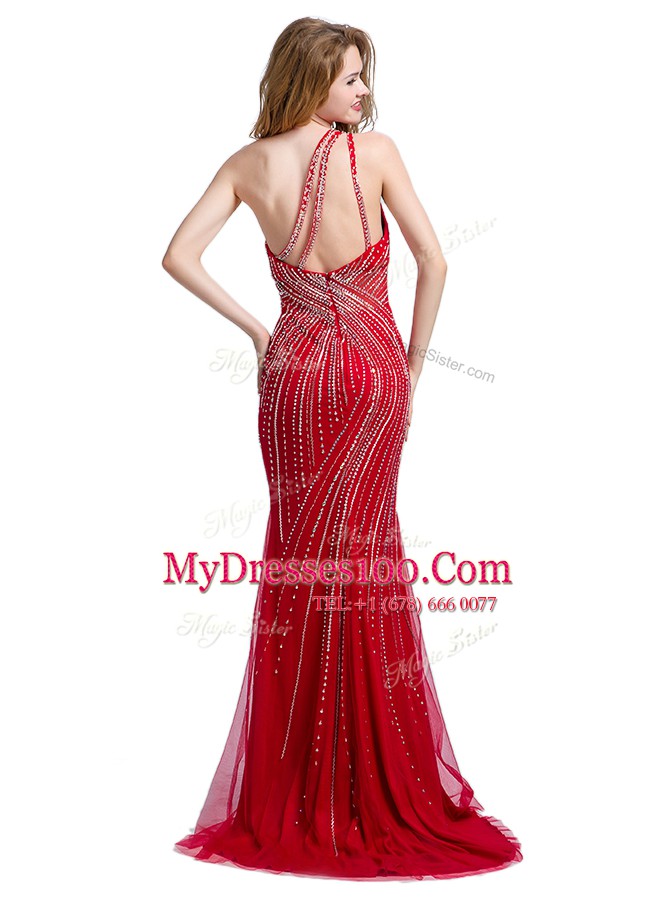 Trendy One Shoulder Red Column/Sheath Beading Dress for Prom Zipper Tulle Sleeveless With Train