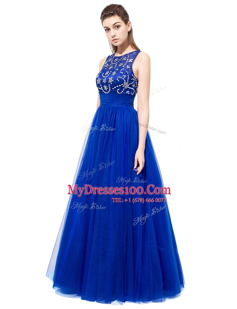 Inexpensive Scoop Floor Length Royal Blue Tulle Sleeveless Beading
