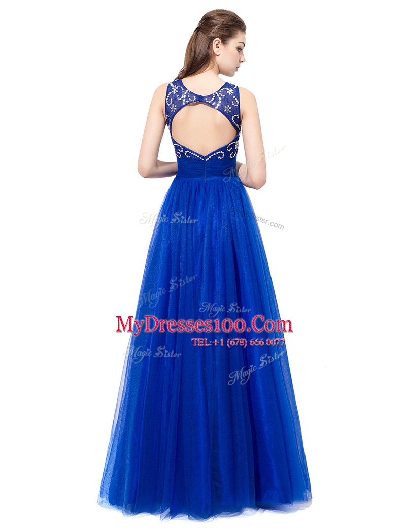 Inexpensive Scoop Floor Length Royal Blue Tulle Sleeveless Beading