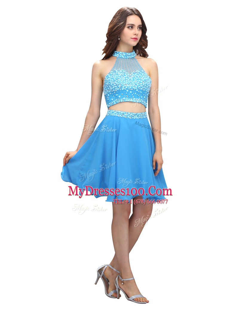 Glorious Sleeveless Chiffon Mini Length Zipper Evening Dress in Blue with Beading