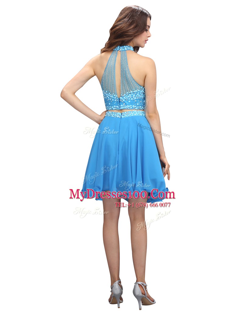 Glorious Sleeveless Chiffon Mini Length Zipper Evening Dress in Blue with Beading