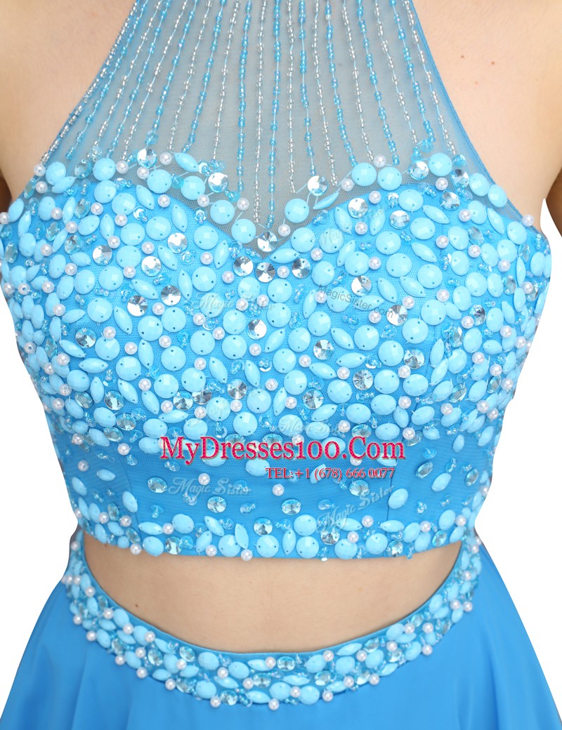 Glorious Sleeveless Chiffon Mini Length Zipper Evening Dress in Blue with Beading