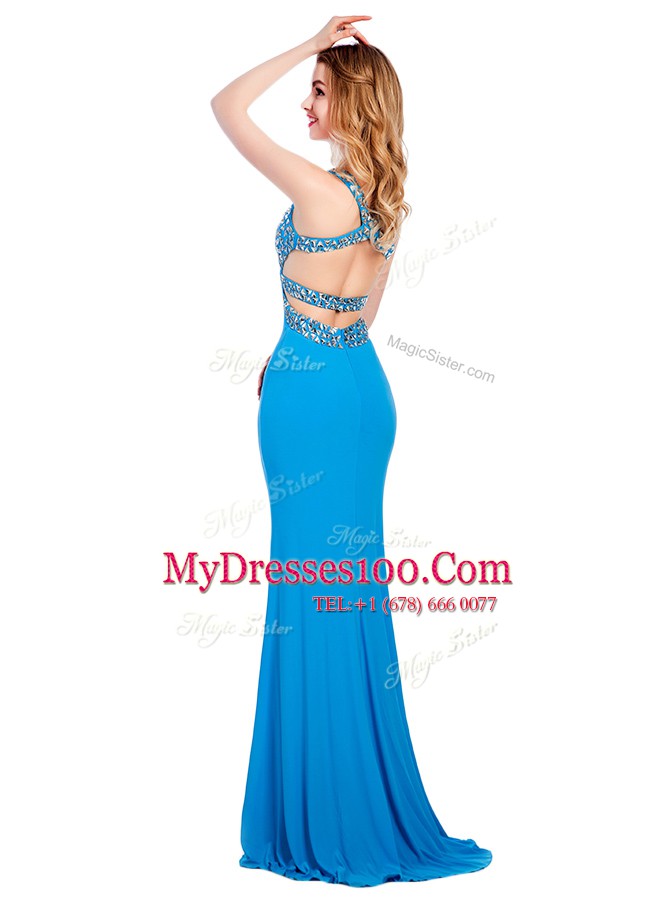 Lovely Column/Sheath Prom Evening Gown Baby Blue V-neck Silk Like Satin Sleeveless With Train Clasp Handle