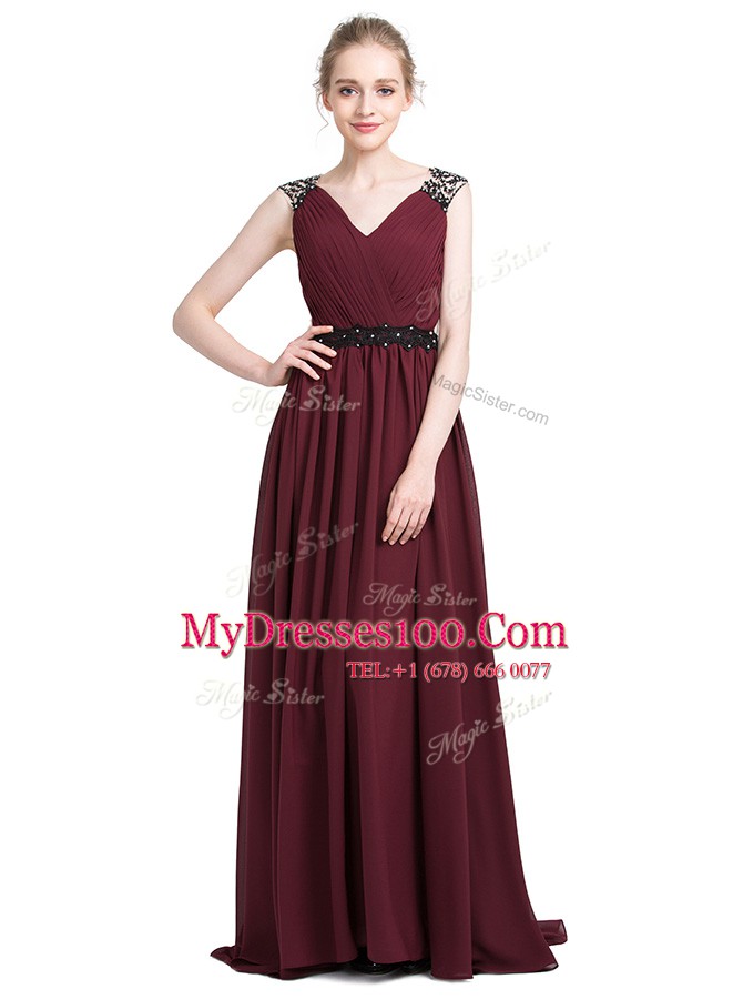 Ideal Burgundy V-neck Neckline Lace Prom Dresses Sleeveless Zipper