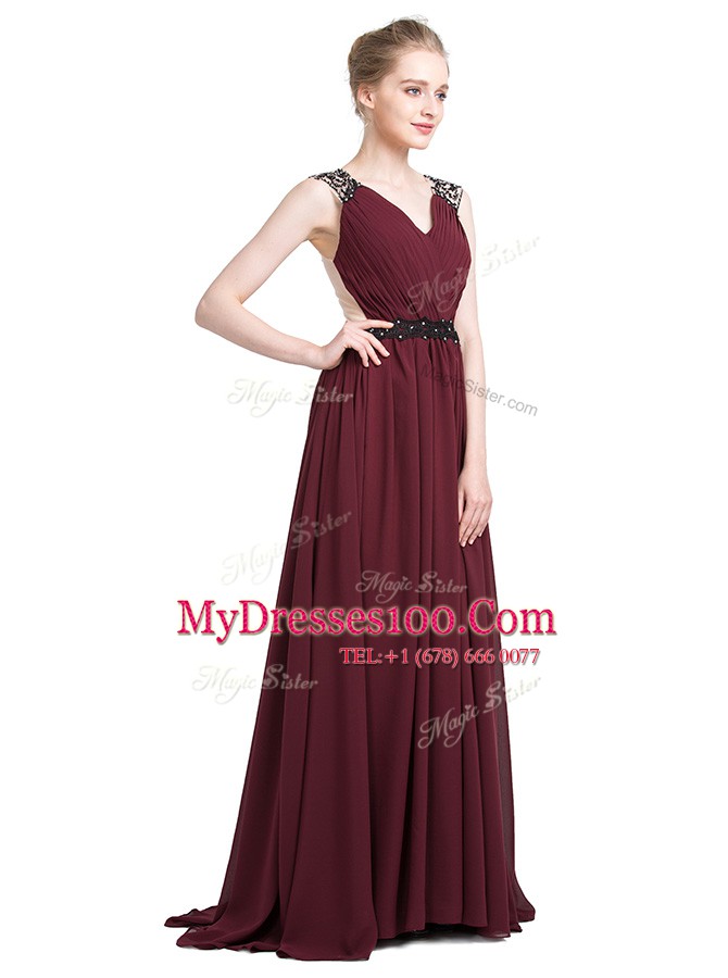 Ideal Burgundy V-neck Neckline Lace Prom Dresses Sleeveless Zipper