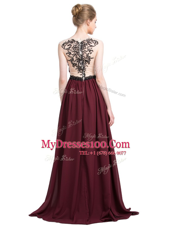 Ideal Burgundy V-neck Neckline Lace Prom Dresses Sleeveless Zipper
