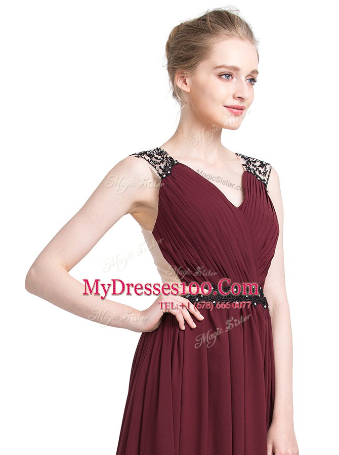 Ideal Burgundy V-neck Neckline Lace Prom Dresses Sleeveless Zipper