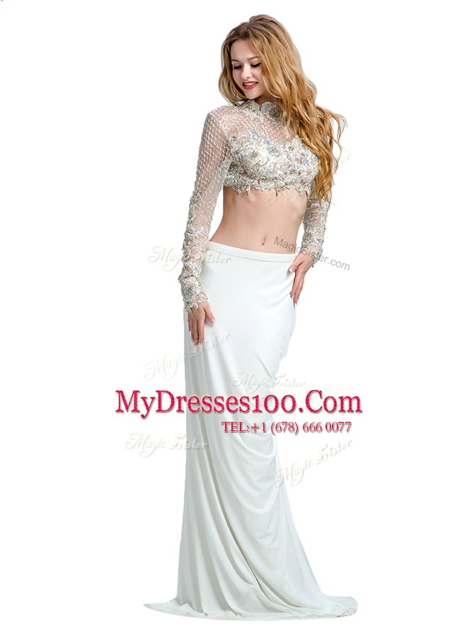 White Two Pieces High-neck Long Sleeves Chiffon With Brush Train Backless Beading and Lace and Appliques Evening Dress